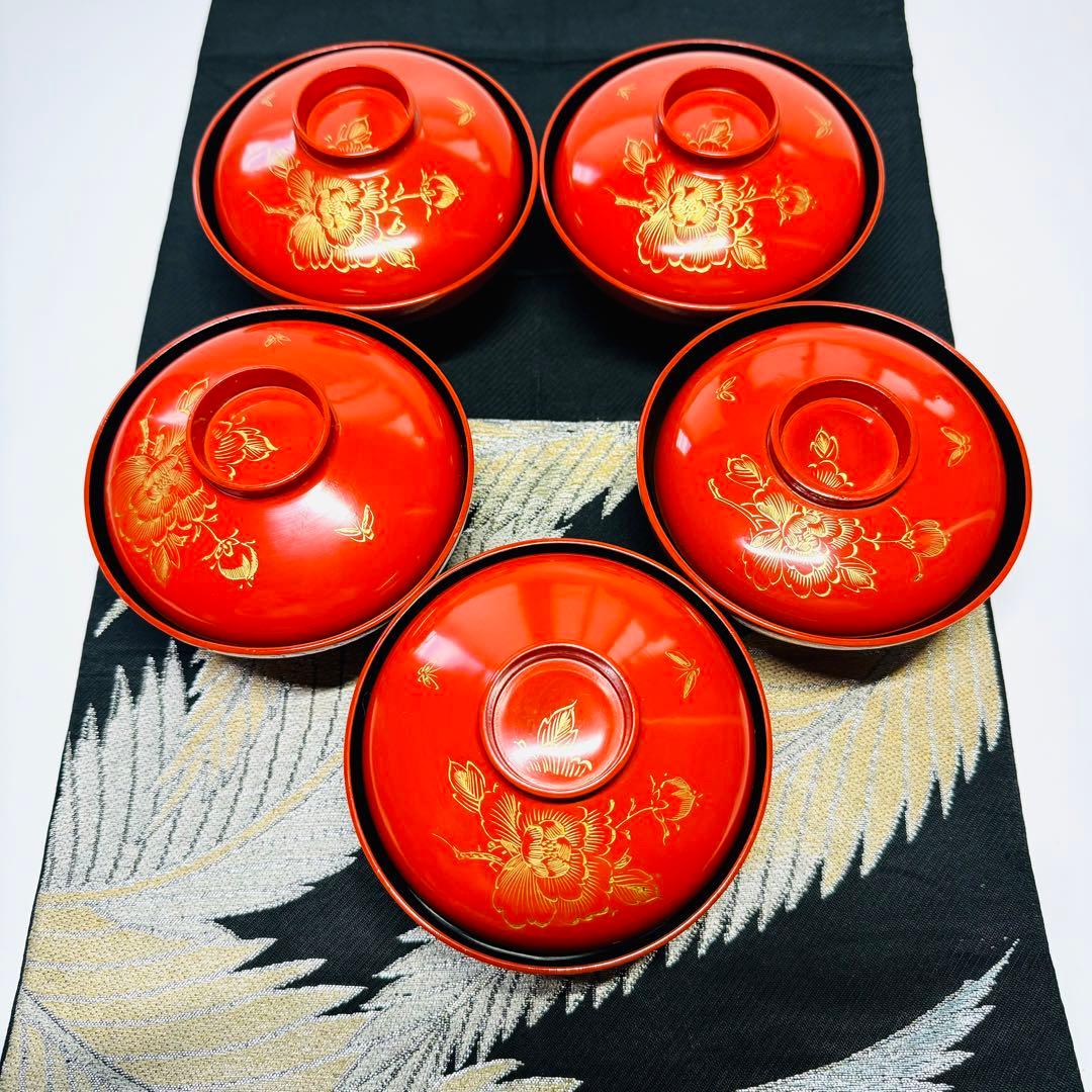 漆器　輪島塗　木製　蒔絵　蓋付椀　汁椀　5客　時代物