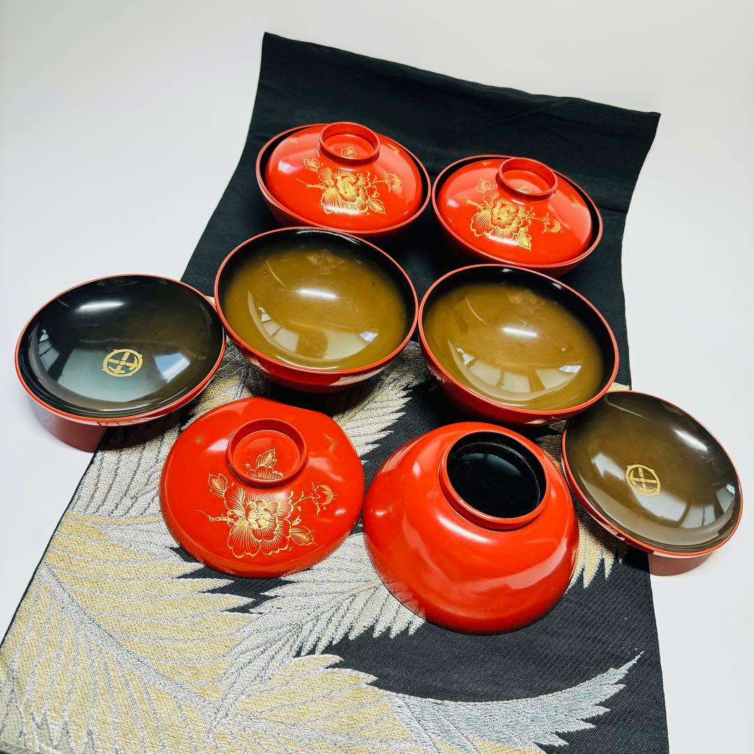 漆器　輪島塗　木製　蒔絵　蓋付椀　汁椀　5客　時代物