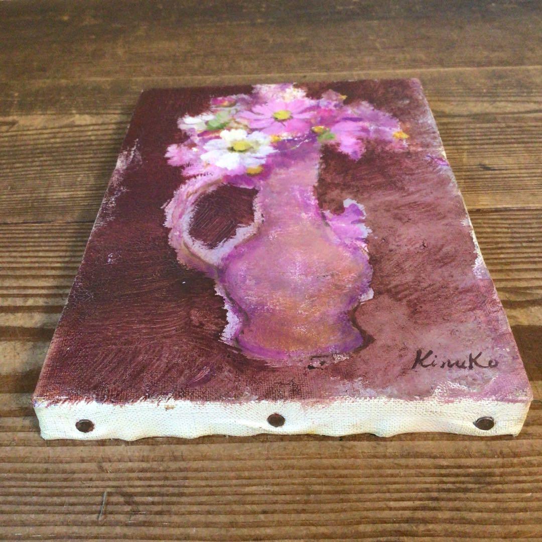 No4033 額装　中島絹子「コスモス」　油彩画　SM号　裏書有　箱付　送料無料