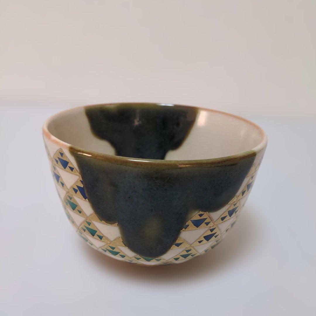 【⑧】伝統工芸士 上山善峰造 織部釉 鱗紋 抹茶碗 共箱 茶道具