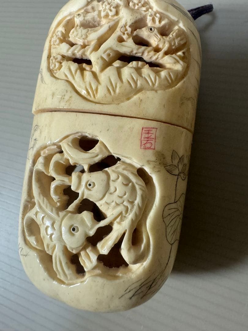 2122 骨董　根付布袋様七福神　根付彫刻煙草入れ　時代物