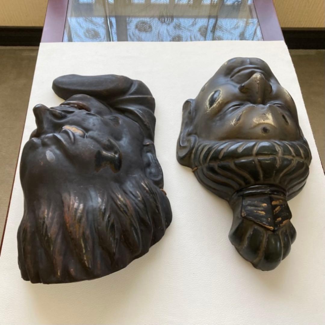 伐折羅大将 広目天⁇ お面 壁掛け 乾漆⁇ 仏教 美術 2点 骨董品 レトロ