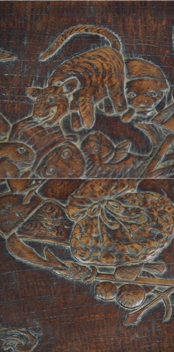 送料無料　市川周道　『周道刀』在銘　 古い欅四角彫刻盆 幅35ｃｍ