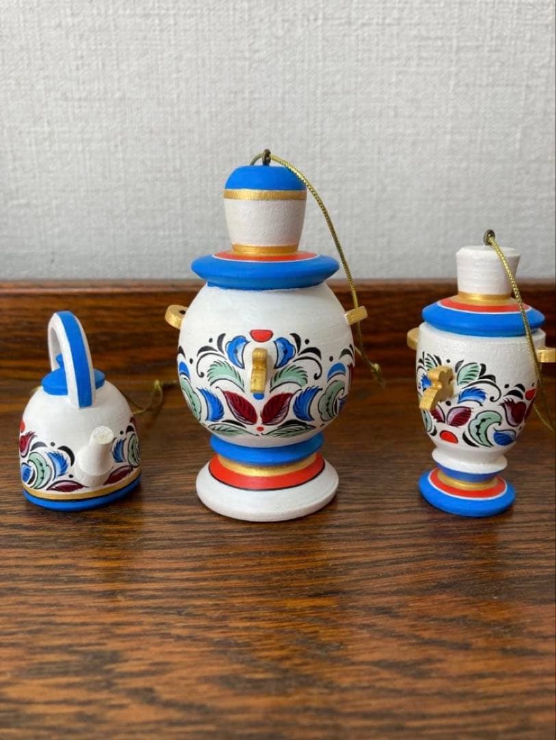 ロシア雑貨☆サモワール&ティーポットのオーナメント3個 マトリョーシカ オリガ作