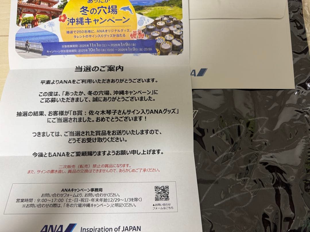 佐々木琴子　直筆サイン入り　ANAキャンペーン　バッグ