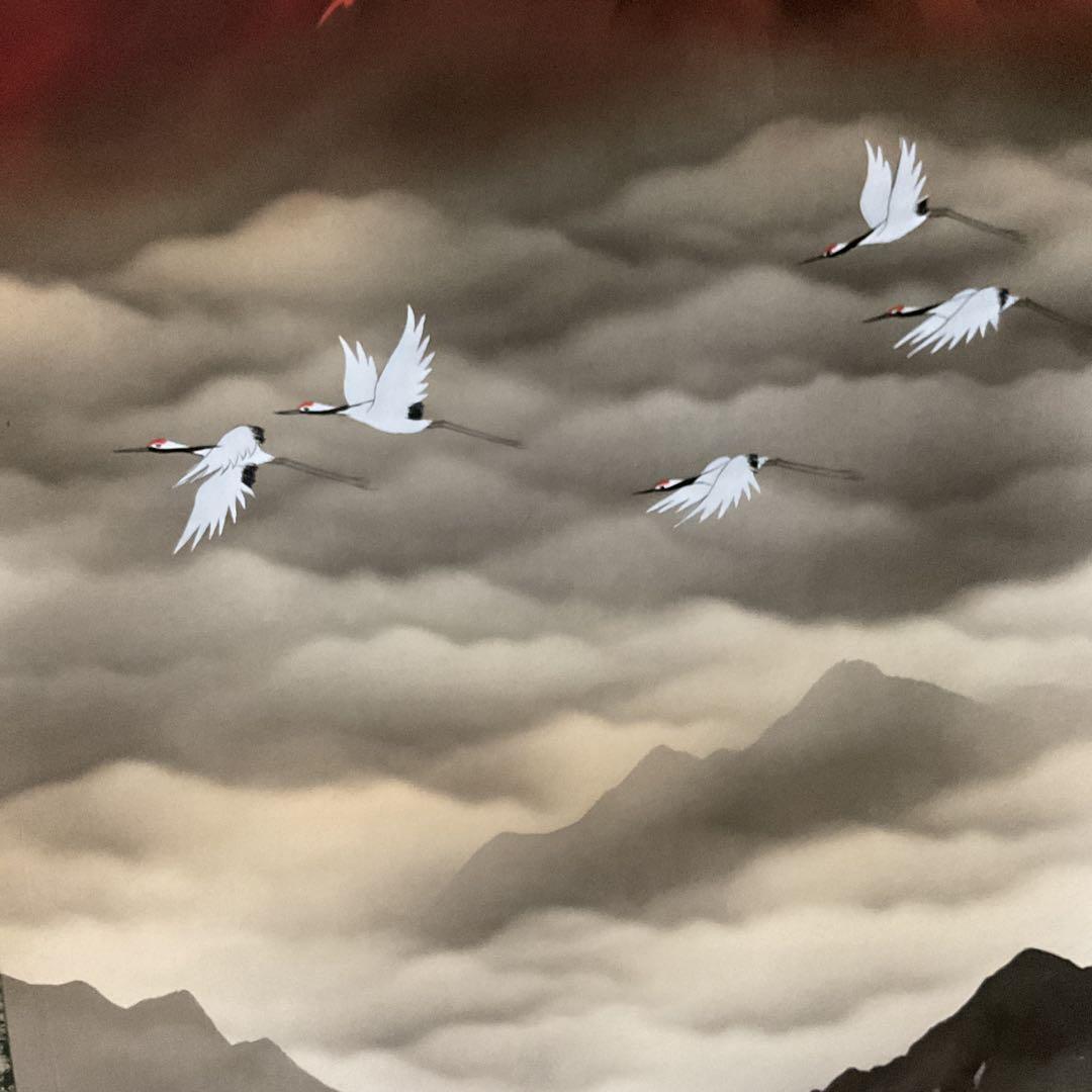 松原正峰作 題目【 紅 富士 】 絹本彩色画 共箱 タトウ箱付