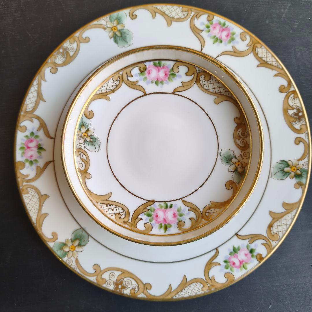 オールドノリタケ アンティーク プレート コンポート 2段 ハンドペイント