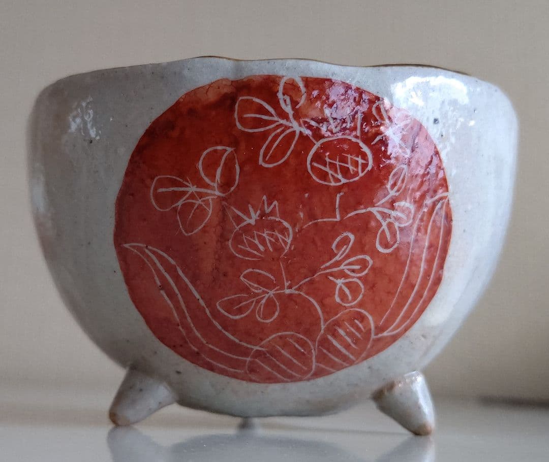 京焼 清水焼 栄泉作 紅丸草子湯呑み 小鉢 5客 三つ足