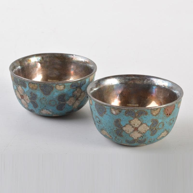 中国　唐物　古七宝内銀張　花草文　盃　一對　M　6628