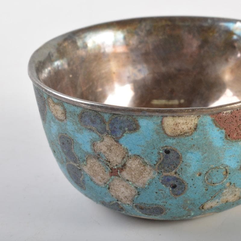 中国　唐物　古七宝内銀張　花草文　盃　一對　M　6628