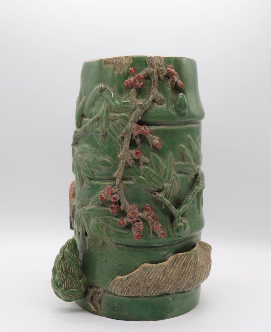 中国　緑釉竹雀　筆入　易叟居　送料込み0225