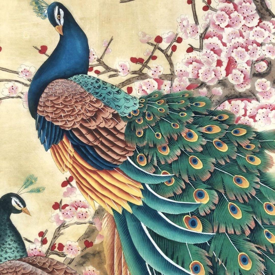 劉奎齢 花鳥画 掛け軸 中堂 孔雀図 中国画 表装済 サイズ：174×77cm