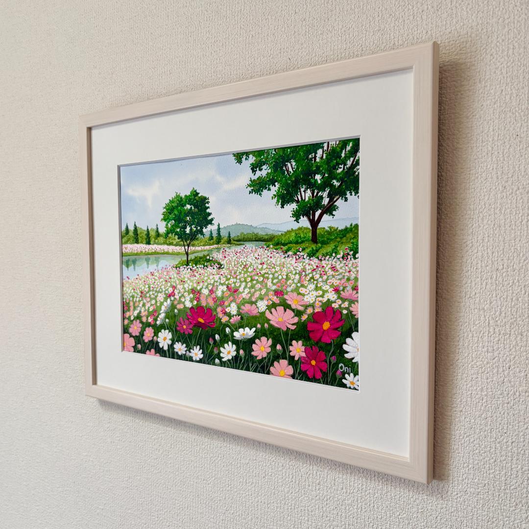 透明水彩画　原画　「コスモスの川辺」額縁付き　F4サイズ　風景画