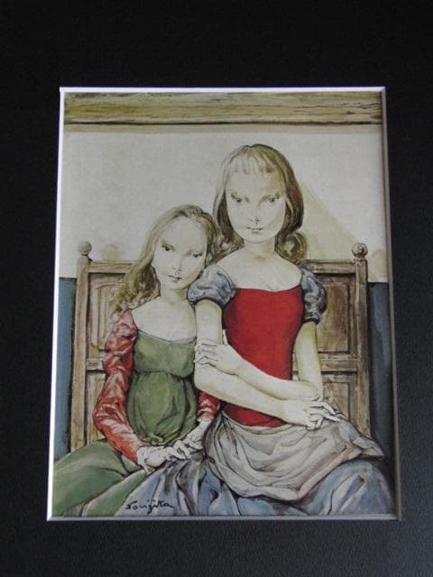 藤田嗣治、【 赤いコルサージュの二人の姉妹】、希少な限定額装用画集画