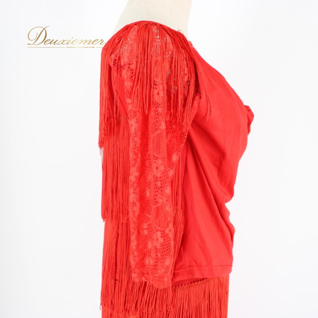 【美品 社交ダンス衣装】上下セット ラテン Lサイズ 赤 レッド レース 派手