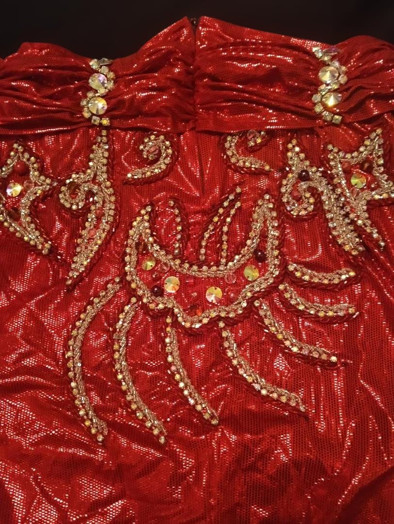 【新品Sale】エジプト製デザイナーズベリーダンス衣装セットメタリック赤