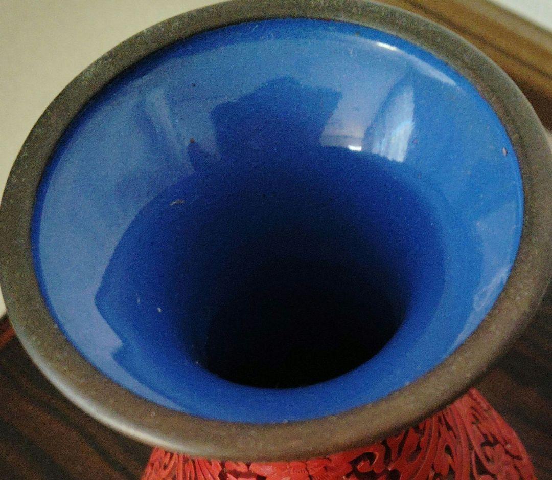 中国　剔紅　堆朱　内七宝　朱色赤花瓶　アンティーク　古美術品