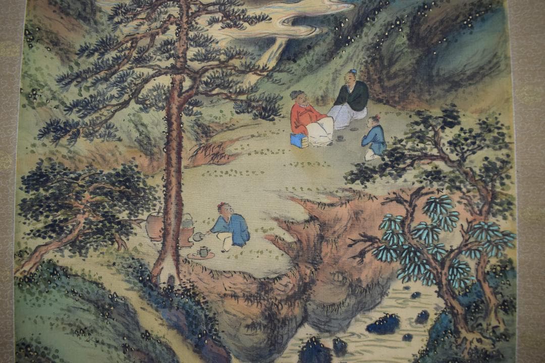 【真作】東伯/青緑山水人物画賛/掛軸☆宝船☆Y-167　JM