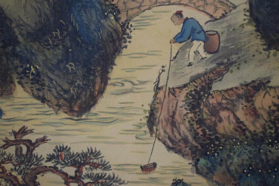 【真作】東伯/青緑山水人物画賛/掛軸☆宝船☆Y-167　JM