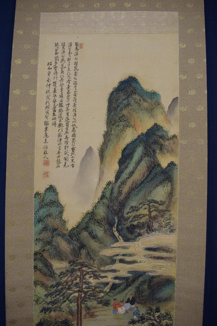 【真作】東伯/青緑山水人物画賛/掛軸☆宝船☆Y-167　JM