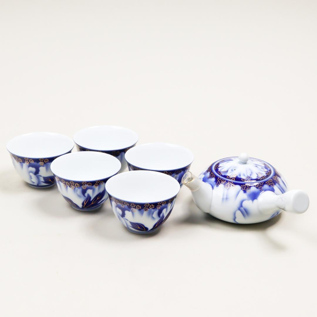 深川製磁 牡丹 金ミル 茶器揃い 湯呑み 6点 急須 共箱 未使用
