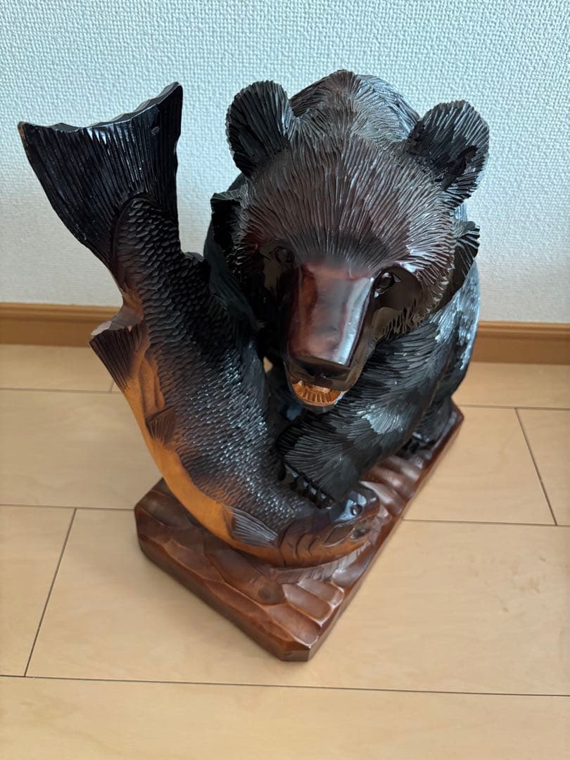 【大型40cm】北海道 木彫り熊 鮭持ち 八雲系風 無銘 民芸品 置物