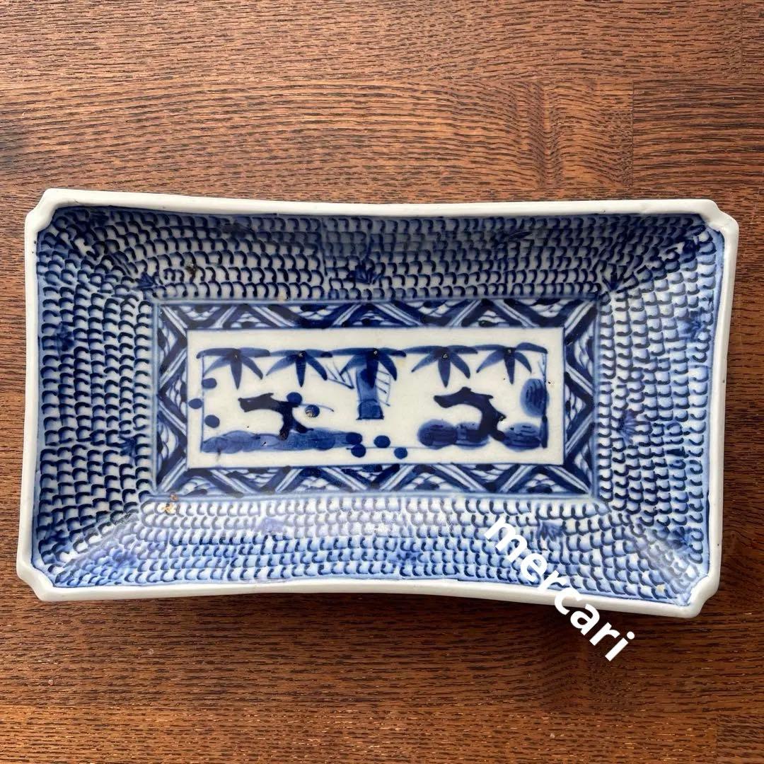 古伊万里染付　微塵唐草　松竹梅　五客揃　長皿5客　骨董アンティーク　隅入角皿