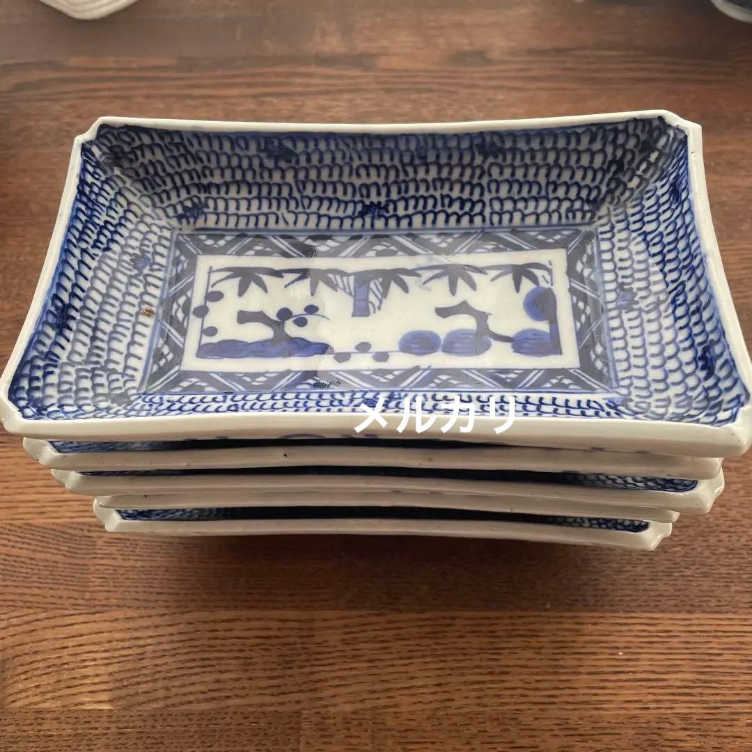 古伊万里染付　微塵唐草　松竹梅　五客揃　長皿5客　骨董アンティーク　隅入角皿