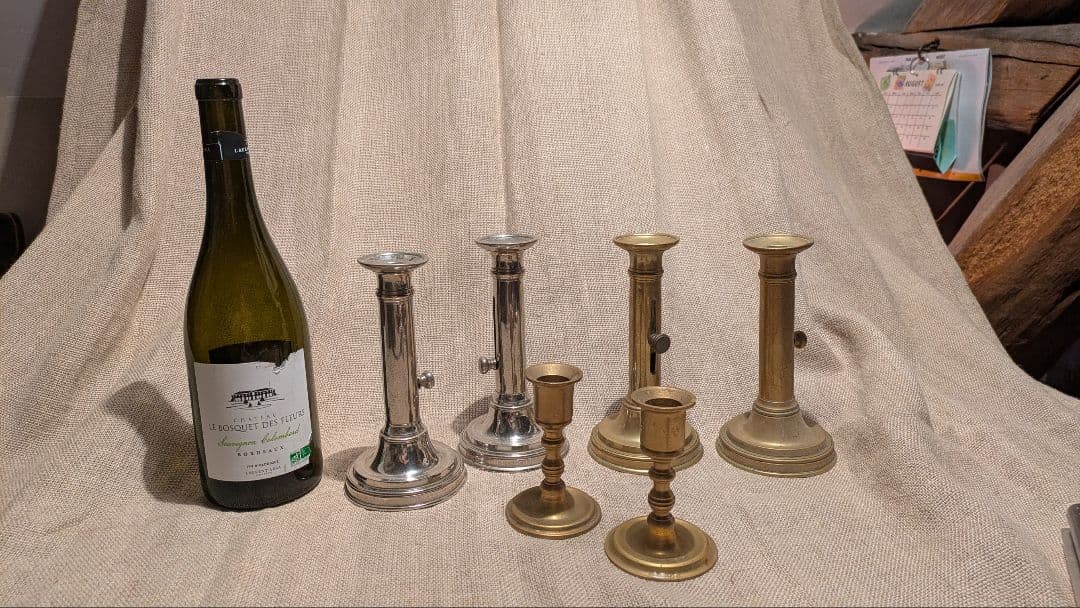 【完動良品】フランスアンティーク 高さ調節可能な蝋燭台 レア銀色2個 25-D