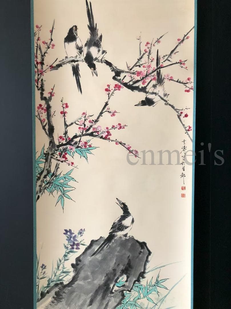 中国古美術・純手描き鳥と花掛軸・水墨画・王雪涛印款・茶道・賞物・珍品画・肉筆