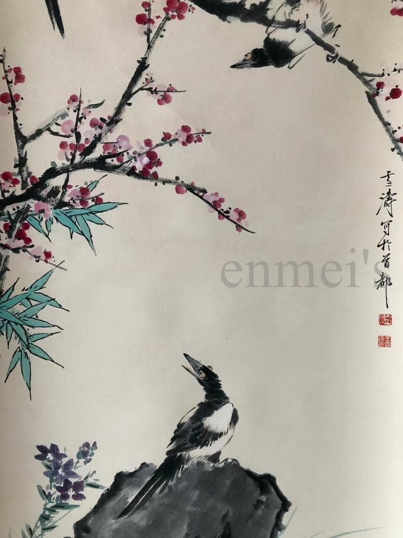 中国古美術・純手描き鳥と花掛軸・水墨画・王雪涛印款・茶道・賞物・珍品画・肉筆