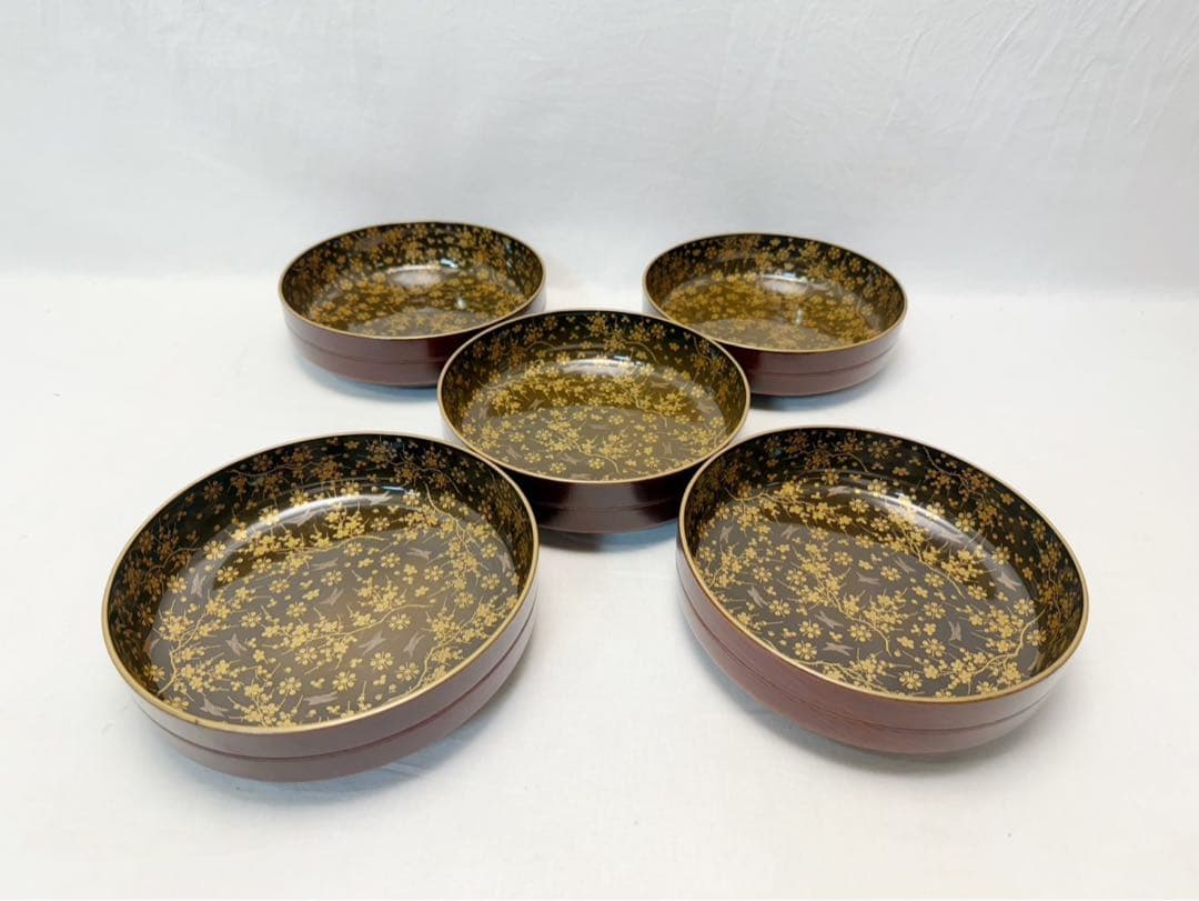 美品 大正〜昭和頃の時代 茶道具 木製溜塗 金彩蒔絵 菓物椀 見返し蒔絵 5客揃
