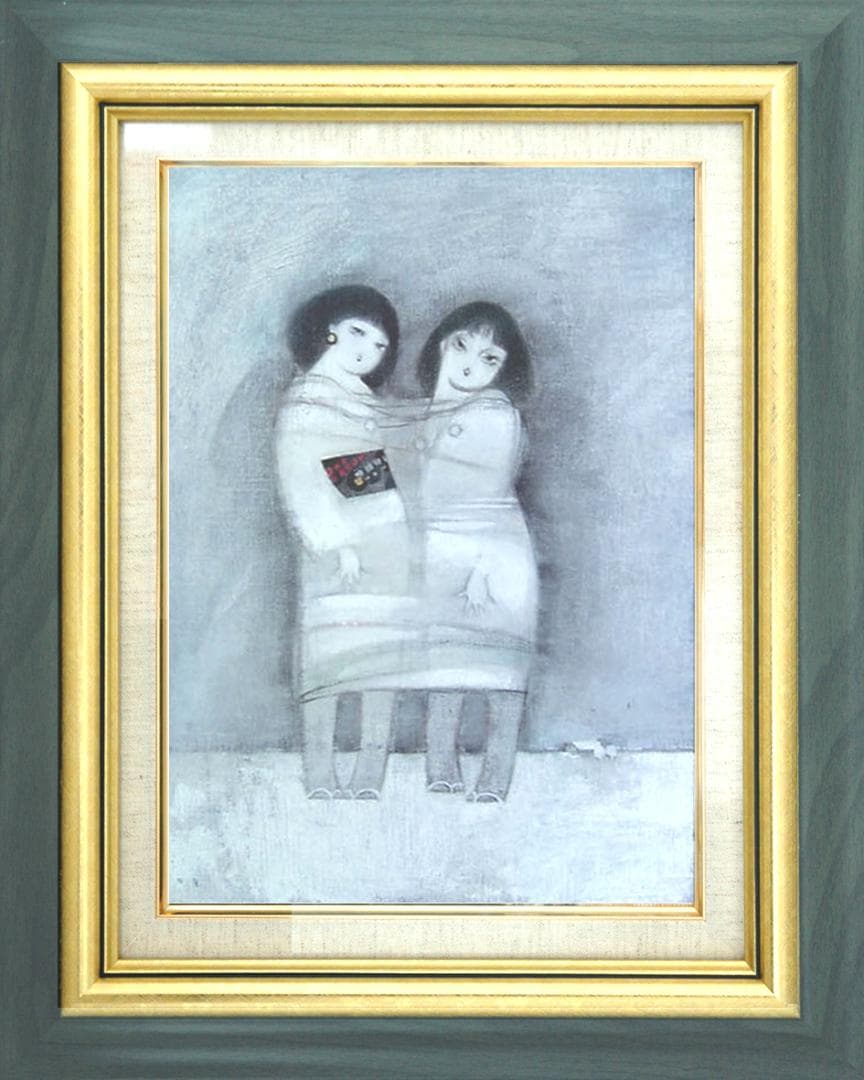 油絵 菅家令子 絵画インテリア額付(青緑＋金色の枠) F4-42023雪国子供