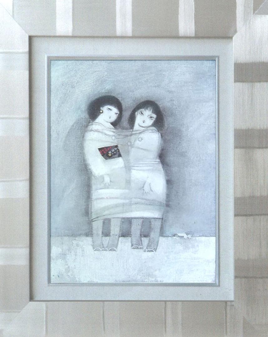 油絵 菅家令子 絵画インテリア額付(青緑＋金色の枠) F4-42023雪国子供