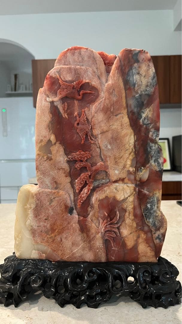 【宝石商保持】赤瑪瑙(アカメノウ) 彫鶴置物　長寿　夫婦円満