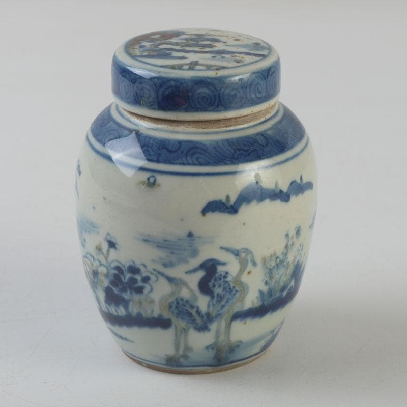 中国　青花　山水花鳥文　蓋壷　Z　8619