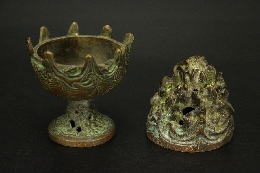 仏教美術 古銅 豆 博山炉 五鈷杵 二件 古美術(LC994)