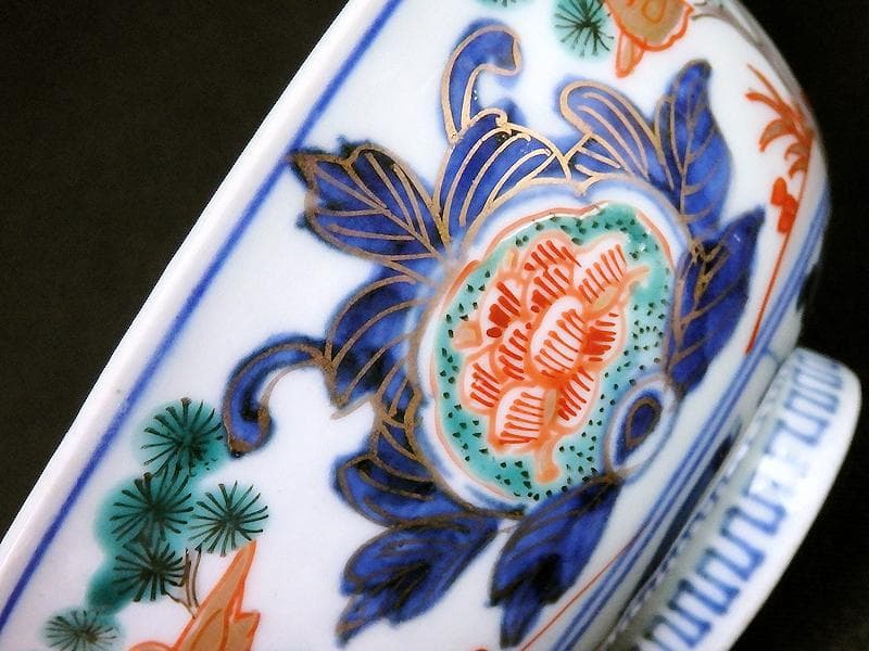 古伊万里　金襴手　窓絵　花鳥紋の図　蓋茶碗　５客　C884AS-CEv