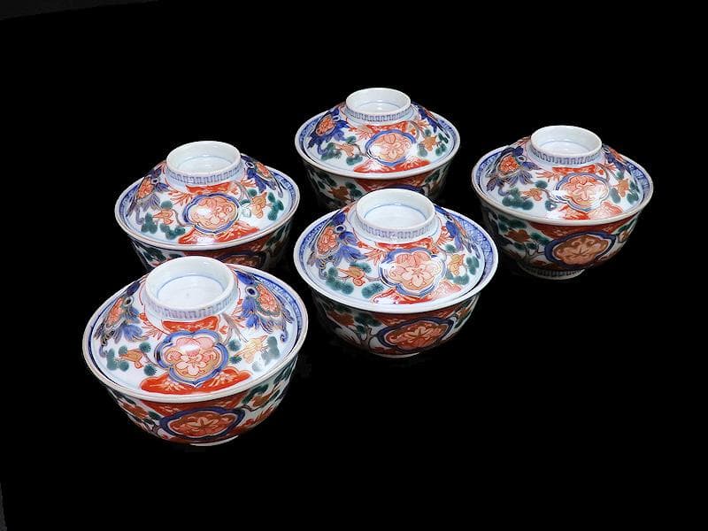 古伊万里　金襴手　窓絵　花鳥紋の図　蓋茶碗　５客　C884AS-CEv