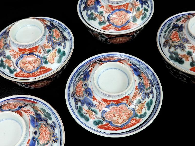 古伊万里　金襴手　窓絵　花鳥紋の図　蓋茶碗　５客　C884AS-CEv