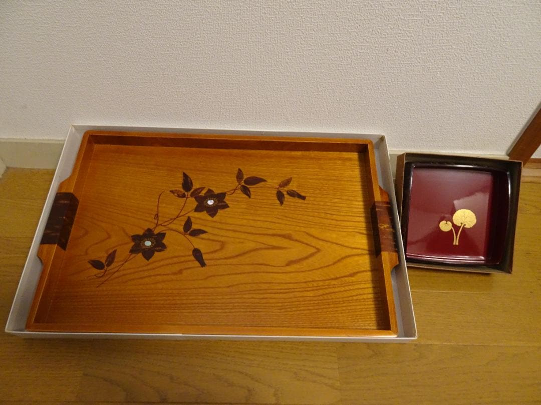 桜皮細工 長盆（欅材の桜皮貝入鉄仙）＆　桜皮細工角鉢　2個セットno-10