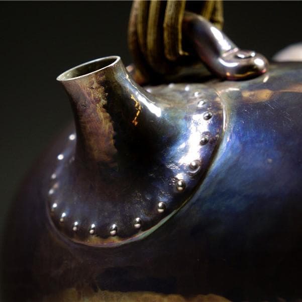 純銀製 三木造 槌目砲口 虹色 平寶珠形湯沸 箱付 銀瓶 煎茶道具 純銀保証