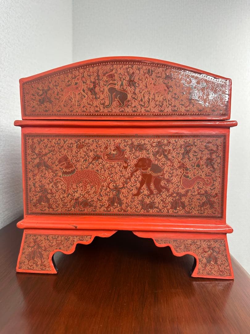 ミャンマー アンティーク 漆器 蒟醤 キンマ 細密画 入れ子 収納箱※31※