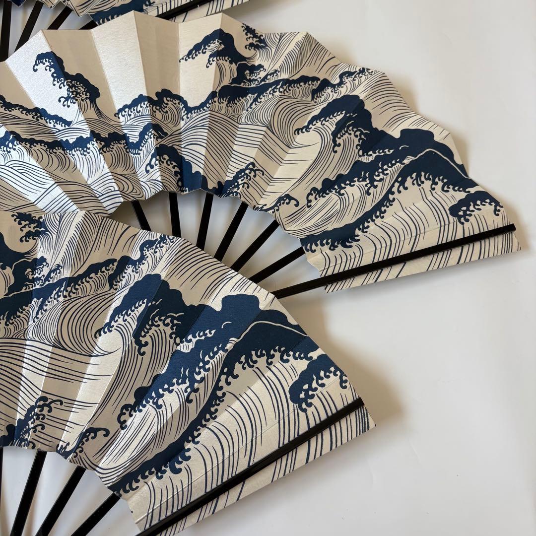 (1007)舞扇　3本セット　波柄　パール　白　青