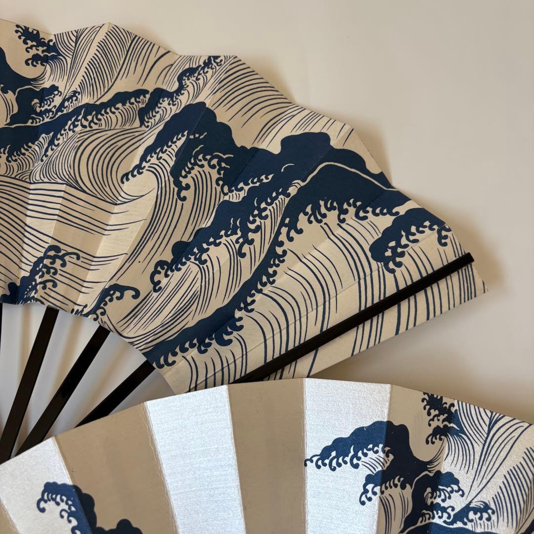 (1007)舞扇　3本セット　波柄　パール　白　青