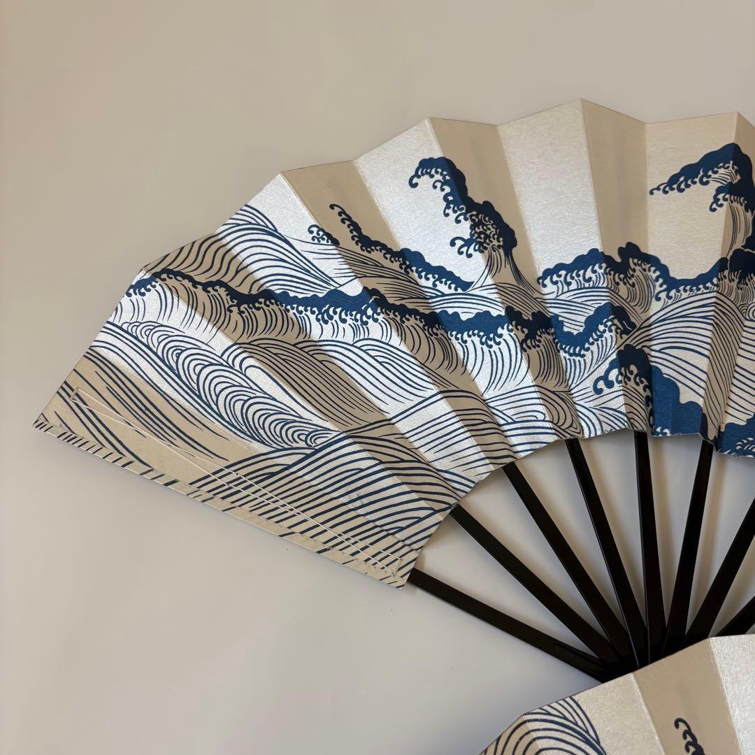 (1007)舞扇　3本セット　波柄　パール　白　青