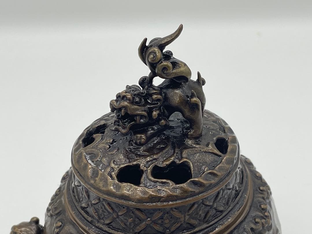 【美品】高岡銅器 金工家 二上常太郎 元威 蝋型鋳銅 唐子足 獅子香炉 香爐