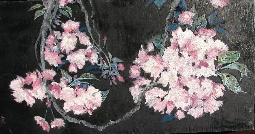 さくらの女流大家,川島眞佐「緋桜」変形6号油彩,幽玄妖艶な夜桜