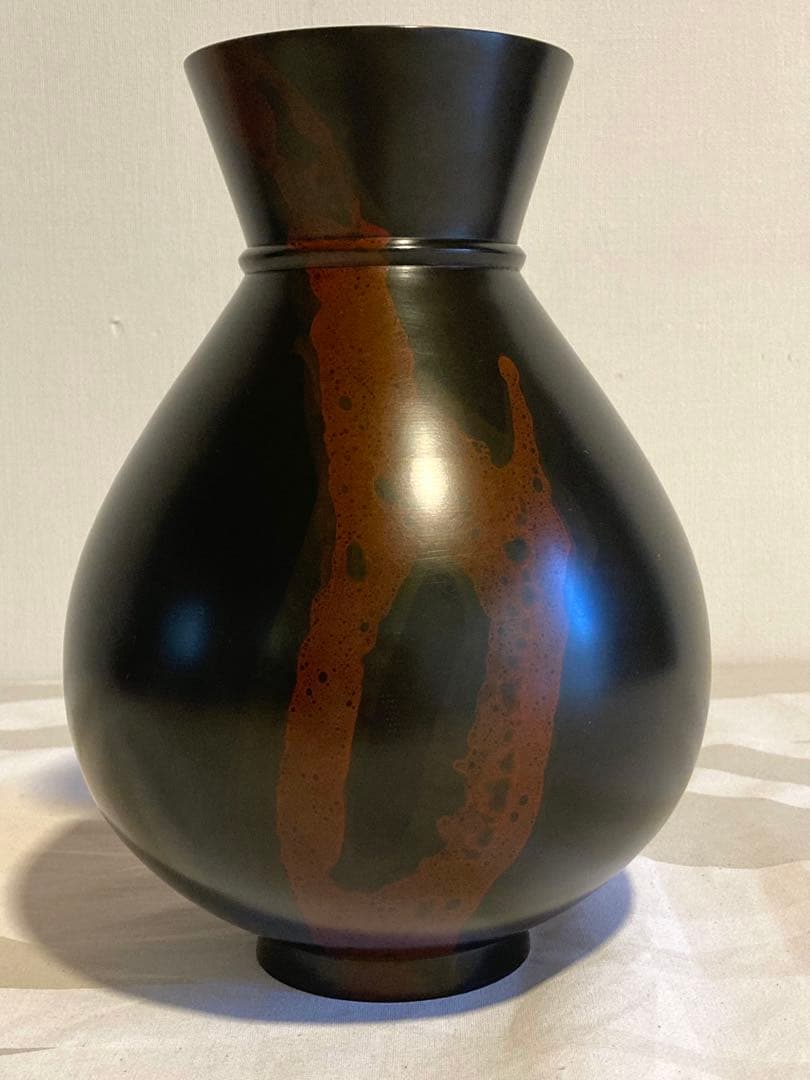 青銅花瓶 芳幸 作　共箱付き　双鶴　彫金　高岡銅器　ブロンズ　飾り壺　花器