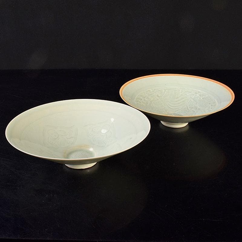 中国　影青　青白釉　陽刻　鳳凰花文　唐子文　鉢　2点　時代箱付　M　R7779